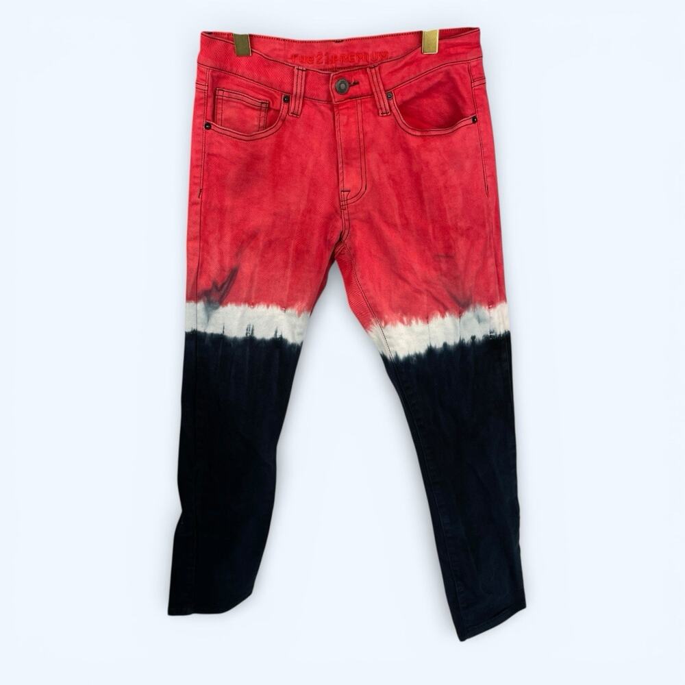 Rue 21 Premium Denim Men's Skinny Supreme Flex Dip Dyed Red Black Jeans 28/30